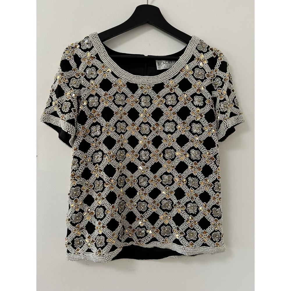 BlackTie Oleg Cassini Beaded Silk Top Womens Medium Black Pearl Sequin Glam